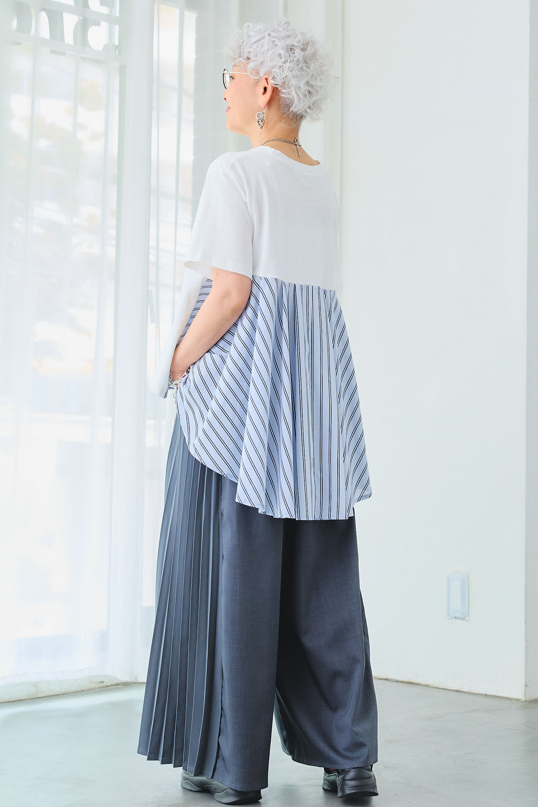 【SET】ストライプドッキングバックロングT+サイドプリーツワイドパンツ(2set)
