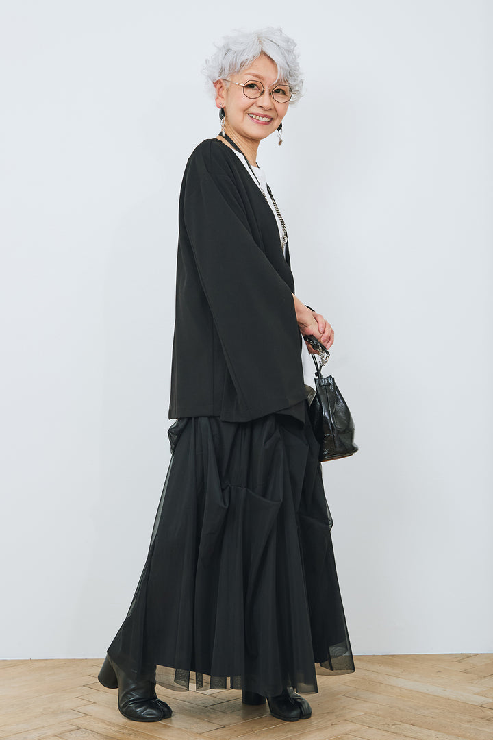 【SET】アシンメトリーロンT+袖2wayスリットノーカラージャケット+チュールタックギャザースカート(3set)