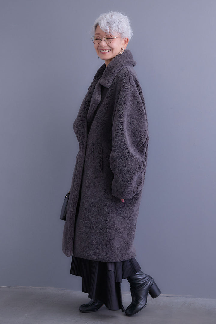 【SET】アシンメトリーロンT+テディボアロングコート+アシンメトリープリーツスカート(3set)