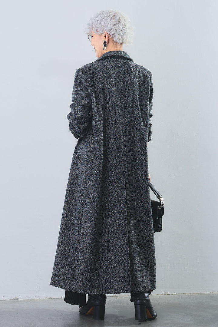 【SET】アシンメトリーロンT+ツイードロングチェスターコート+アシンメトリープリーツスカート(3set)