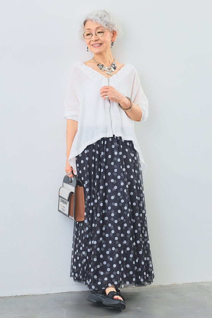 【SET】ギャザーネックロングテールZIPブラウス+ドットチュールフレアスカート(2set)