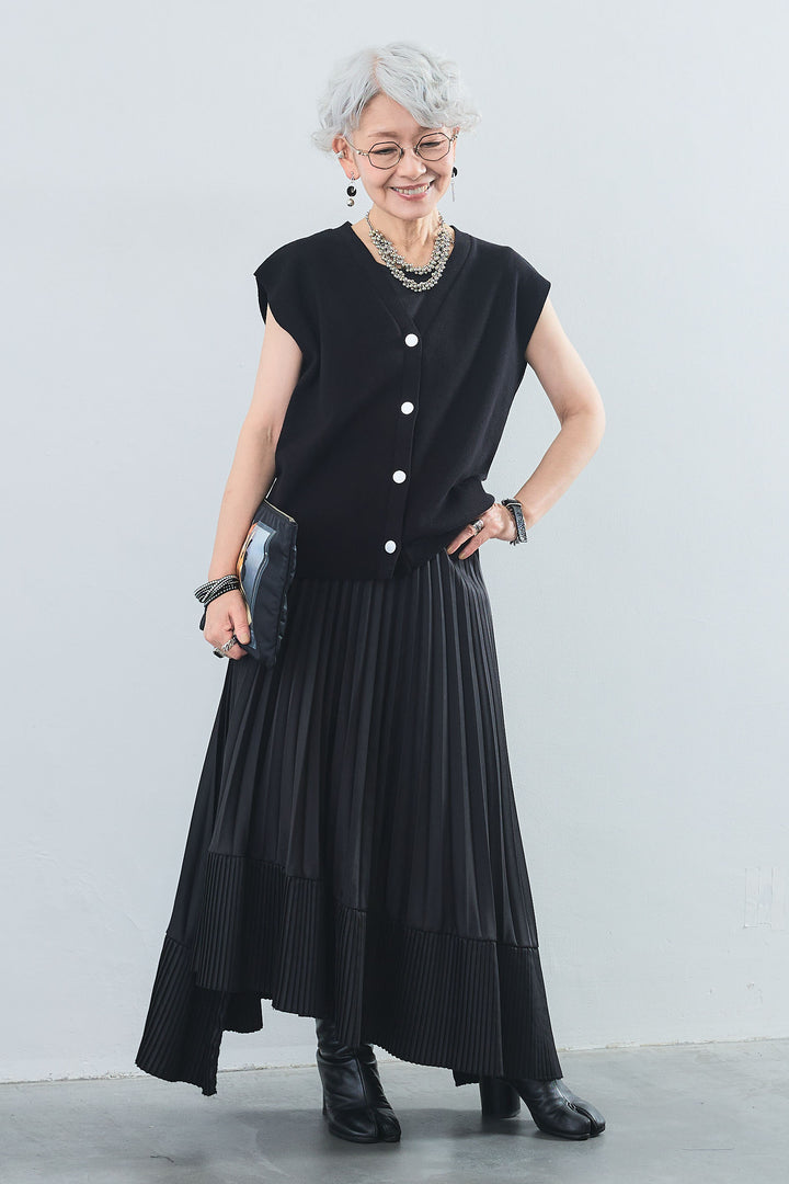 【SET】ベーシックリブタンク+Vネックコットンニットベスト+アシンメトリープリーツスカート(3set)