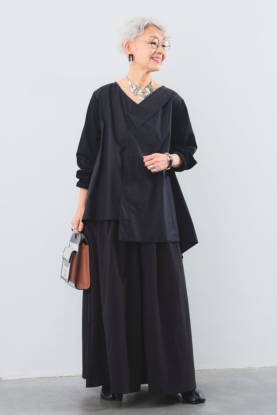 【SET】Vネックカラーアシンメトリーチュニックシャツ+ワイドロングボリュームパンツ(2set)