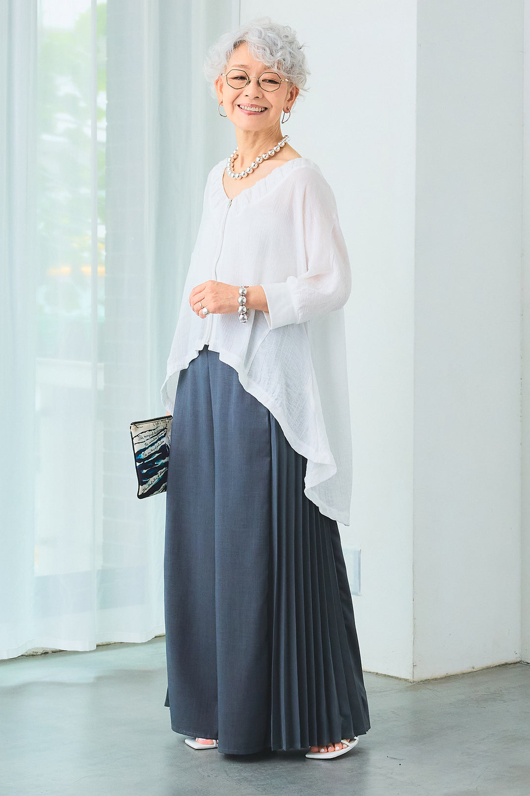 【SET】ギャザーネックロングテールZIPブラウス+サイドプリーツワイドパンツ(2set)