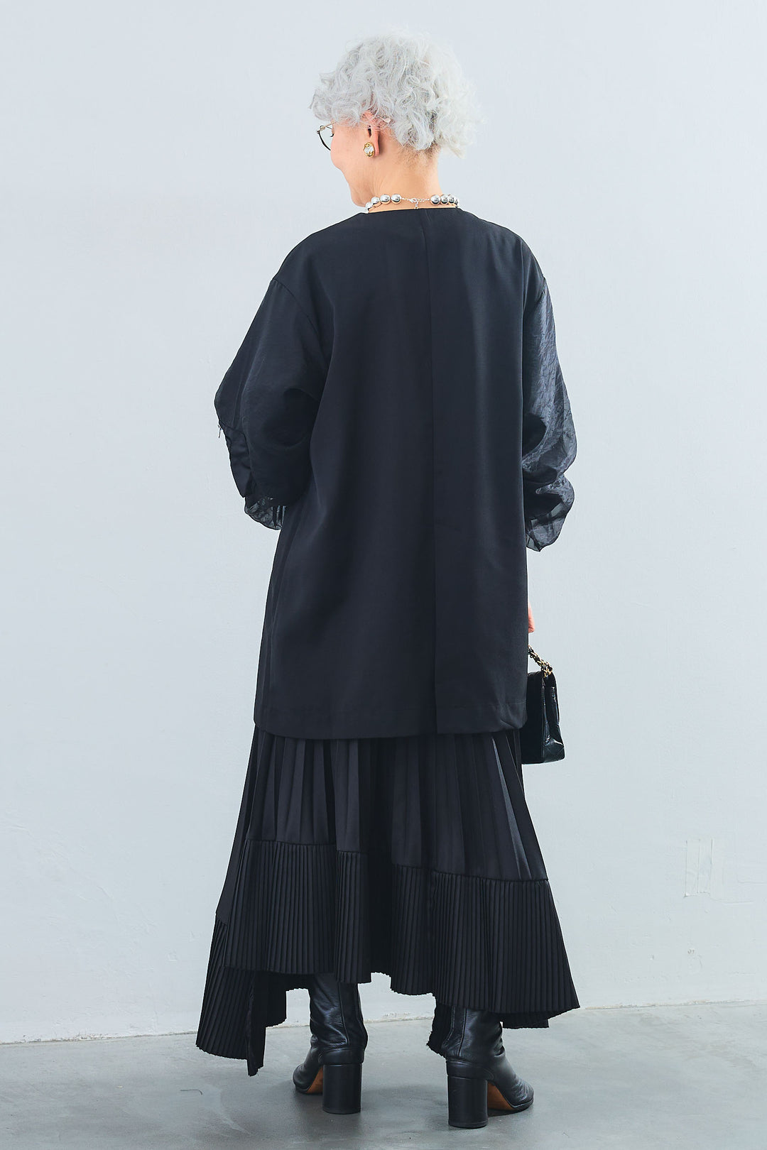 【SET】アシンメトリーロンT+MA-1オーガンジースリーブノーカラージャケット+アシンメトリープリーツスカート(3set)