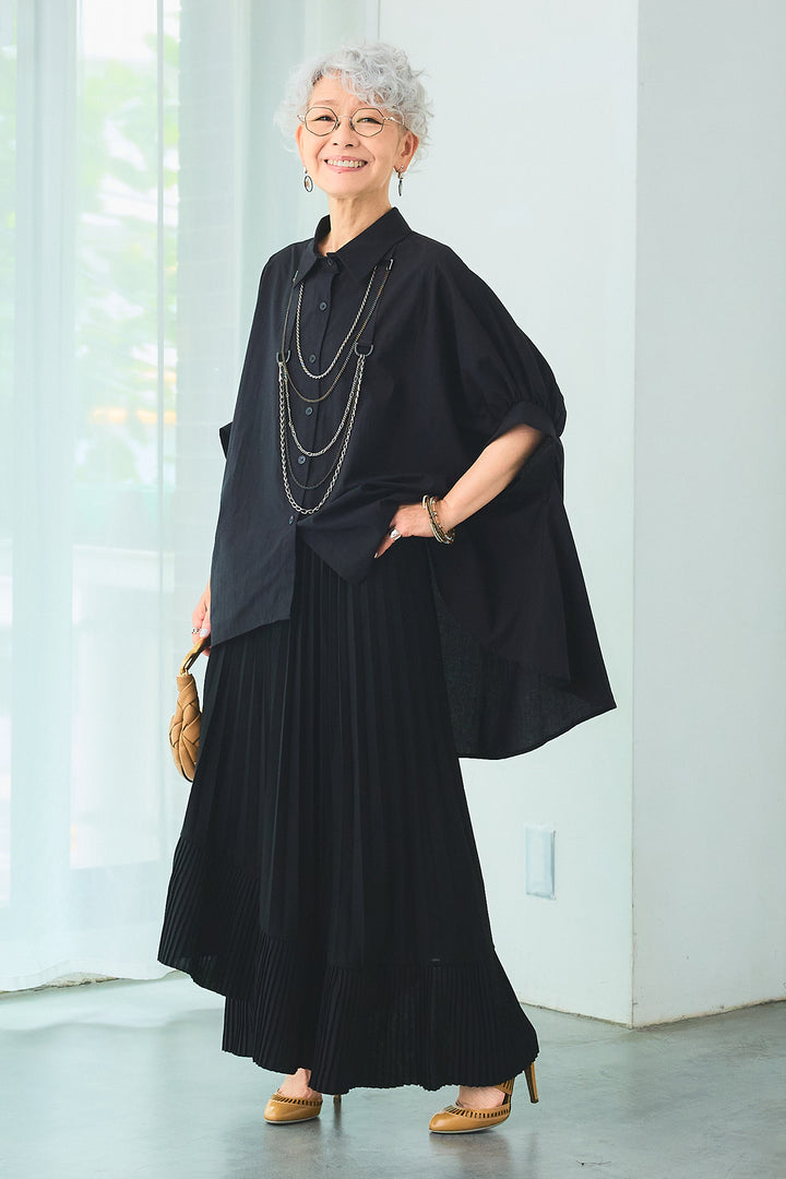 【SET】ドロップスリーブバックロングオーバーシャツ+アシンメトリーラッフルプリーツスカート(2set)