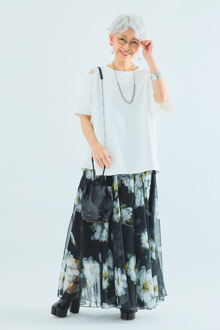 【SET】カッティングショルダーオーバートップス+ウォーターカラーシアーフラワースカート(2set)