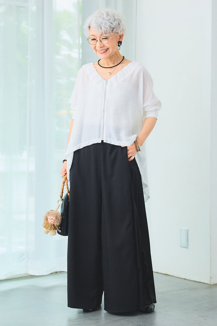 【SET】ギャザーネックロングテールZIPブラウス+サイドプリーツワイドパンツ(2set)