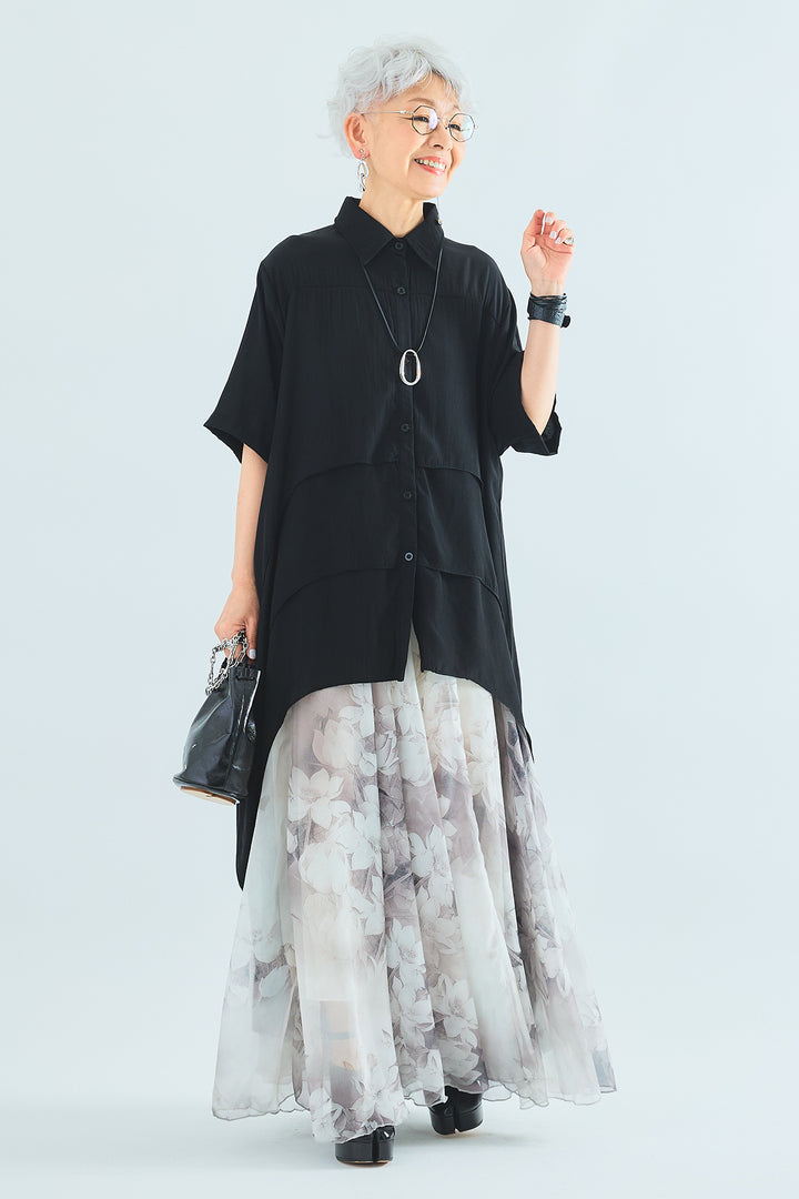 【SET】ティアードバックロングシャツ+ウォーターカラーシアーフラワースカート(2set)