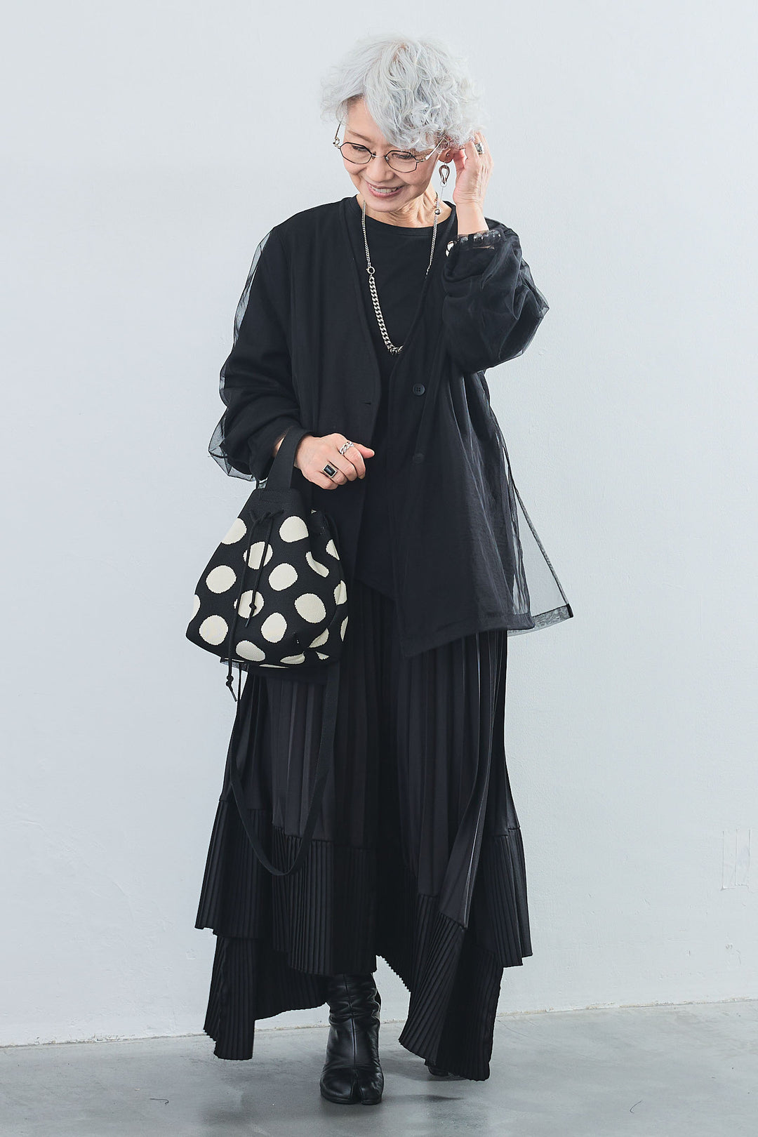 【SET】アシンメトリーロンT+チュールレイヤードノーカラージャケット+アシンメトリープリーツスカート(3set)