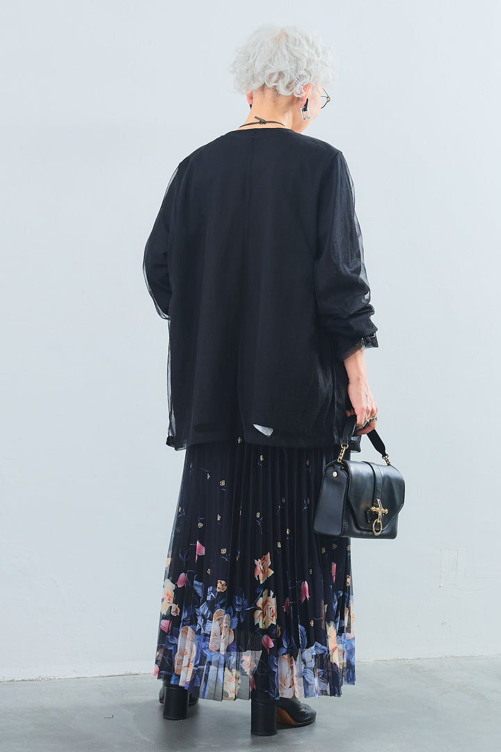 【SET】アシンメトリーロンT+チュールレイヤードノーカラージャケット+シアーフラワープリーツスカート(3set)