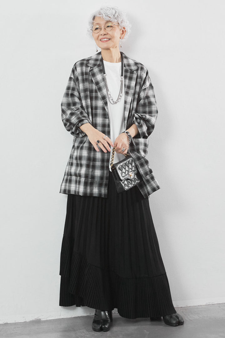 【SET】アシンメトリーロンT+マドラスチェックシャツライクジャケット+アシンメトリーラッフルプリーツスカート(3set)