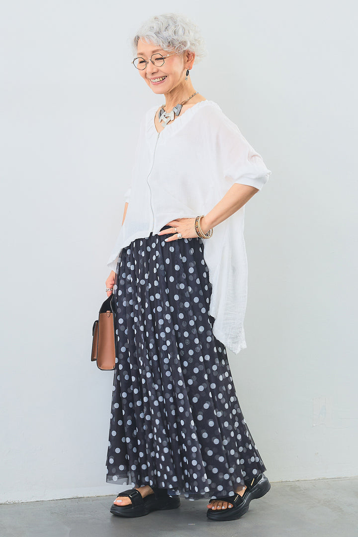 【SET】ギャザーネックロングテールZIPブラウス+ドットチュールフレアスカート(2set)