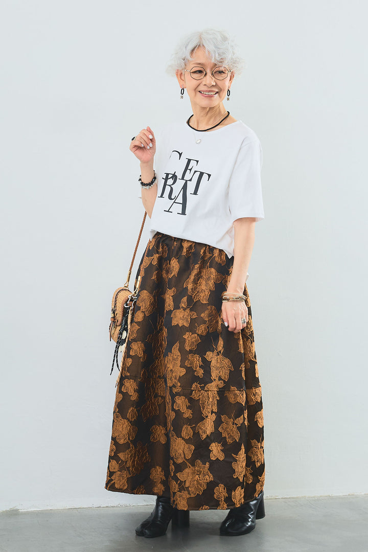 【SET】"CREAT"オーバースリットT+ジャガードフラワースカート(2set)