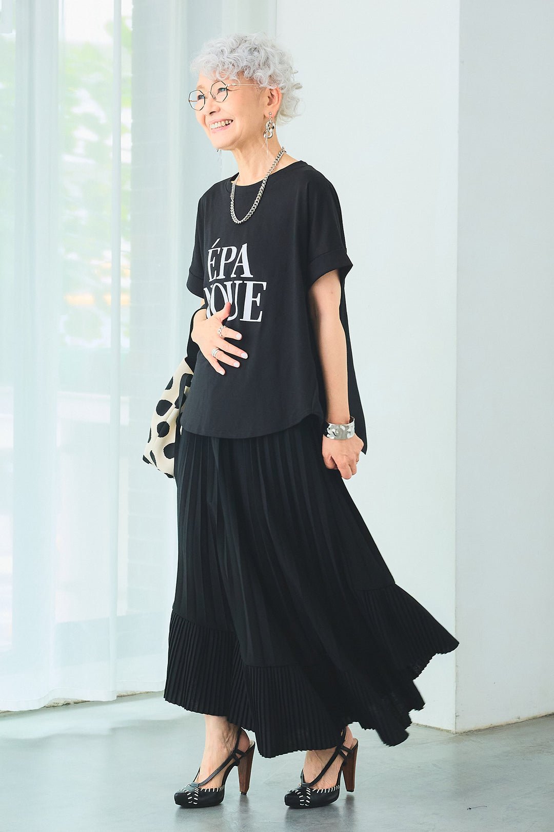【SET】ÉPANOUEバックシフォンフレアロゴT+アシンメトリーラッフルプリーツスカート(2set)