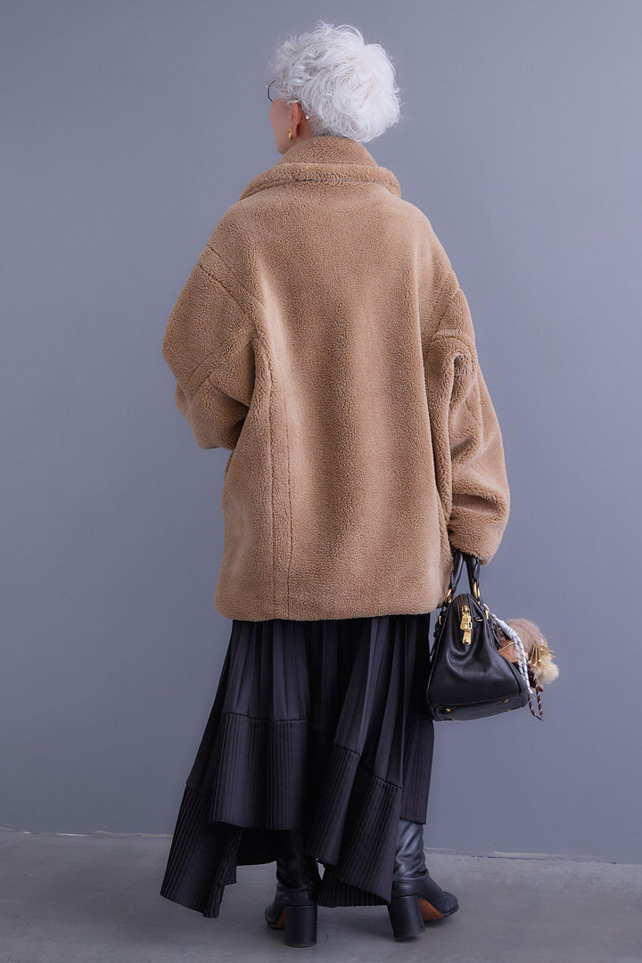 【SET】アシンメトリーロンT+テディボアミディコート+アシンメトリープリーツスカート(3set)