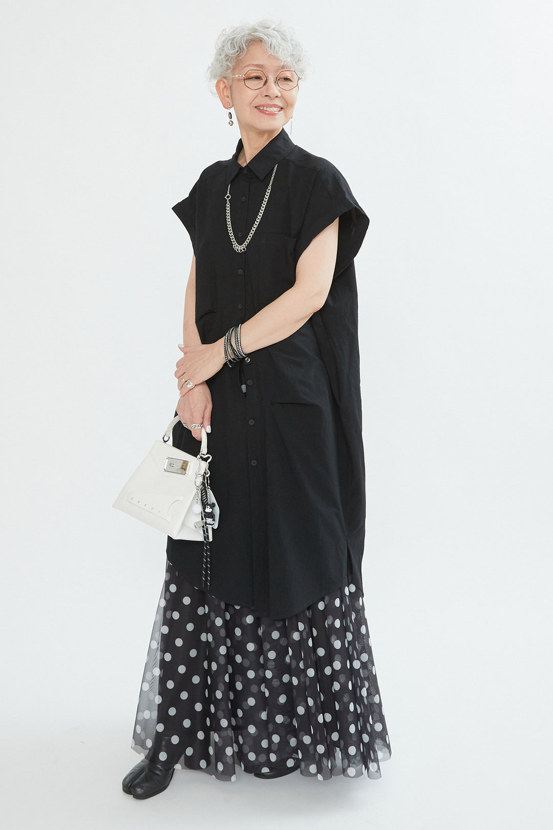 【SET】タックアシンメトリーロングシャツ+ドットチュールフレアスカート(2set)
