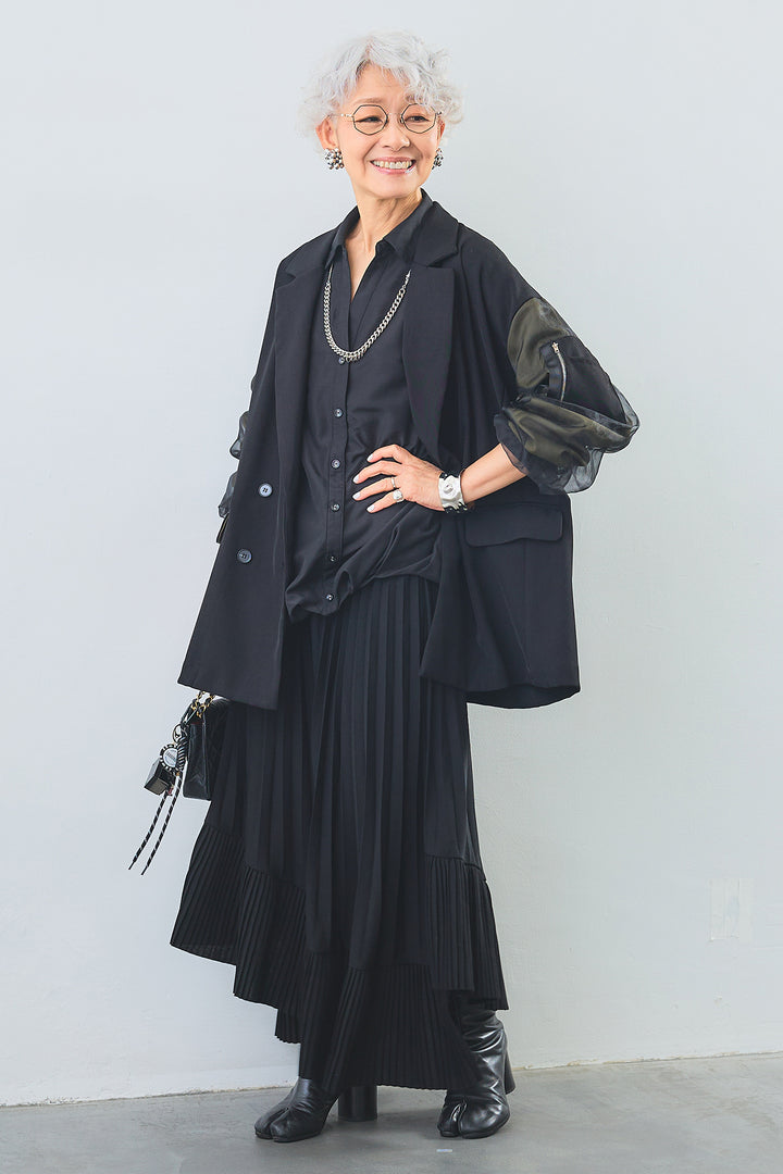 【SET】タックインデザインスキッパーシャツ+チュールレイヤードMA-1ジャケット+アシンメトリーラッフルプリーツスカート(3set)