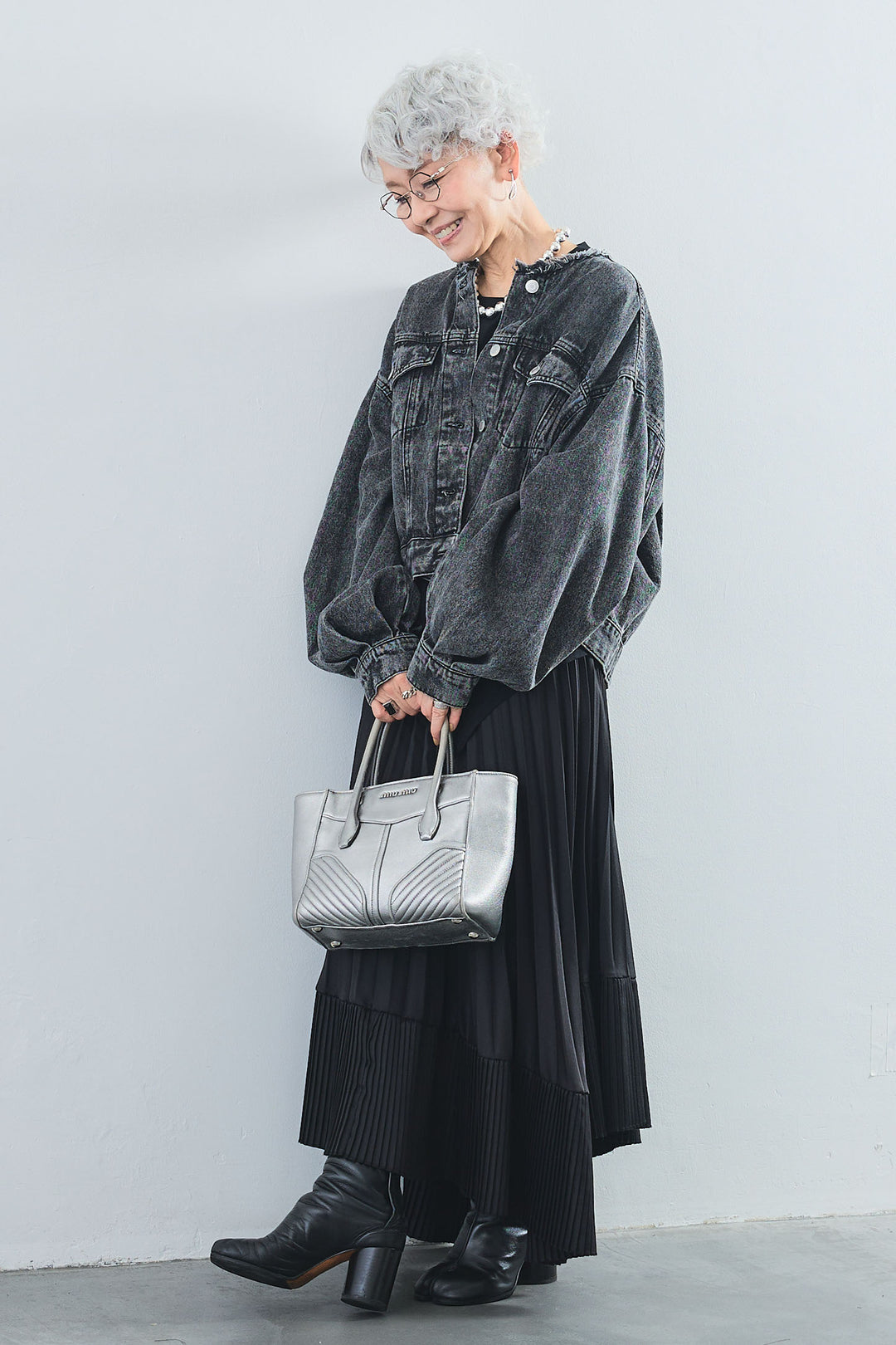 【SET】アシンメトリーロンT+ボリュームスリーブノーカラーデニムジャケット+アシンメトリープリーツスカート(3set)