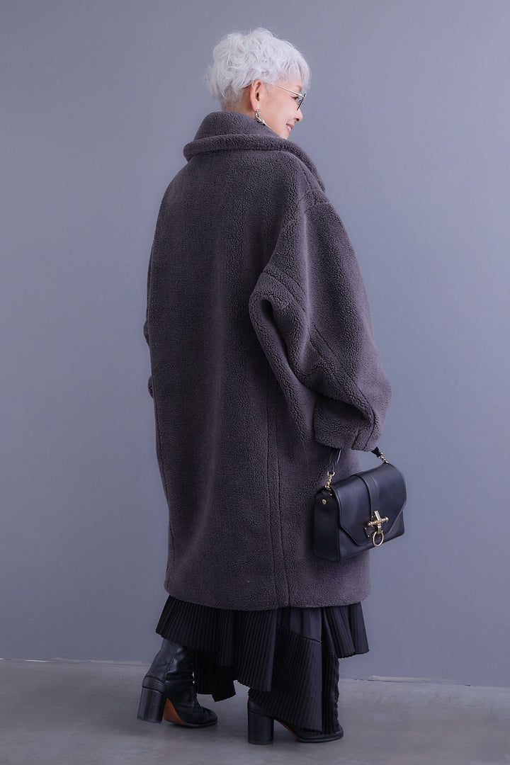 【SET】アシンメトリーロンT+テディボアロングコート+アシンメトリープリーツスカート(3set)