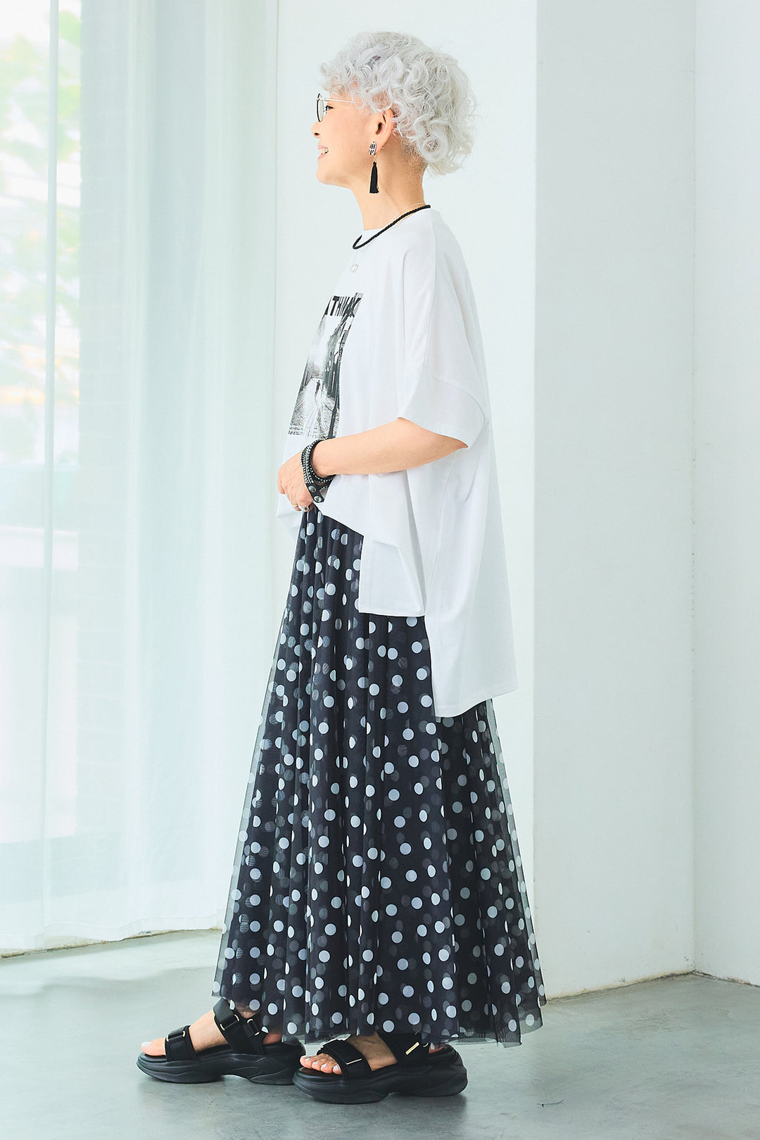 【SET】PATHWAYPhotoオーバースリットT+ドットチュールフレアスカート(2set)