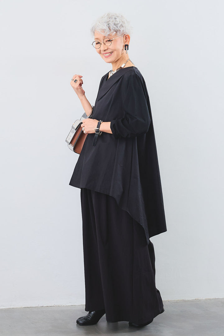 【SET】Vネックカラーアシンメトリーチュニックシャツ+ワイドロングボリュームパンツ(2set)
