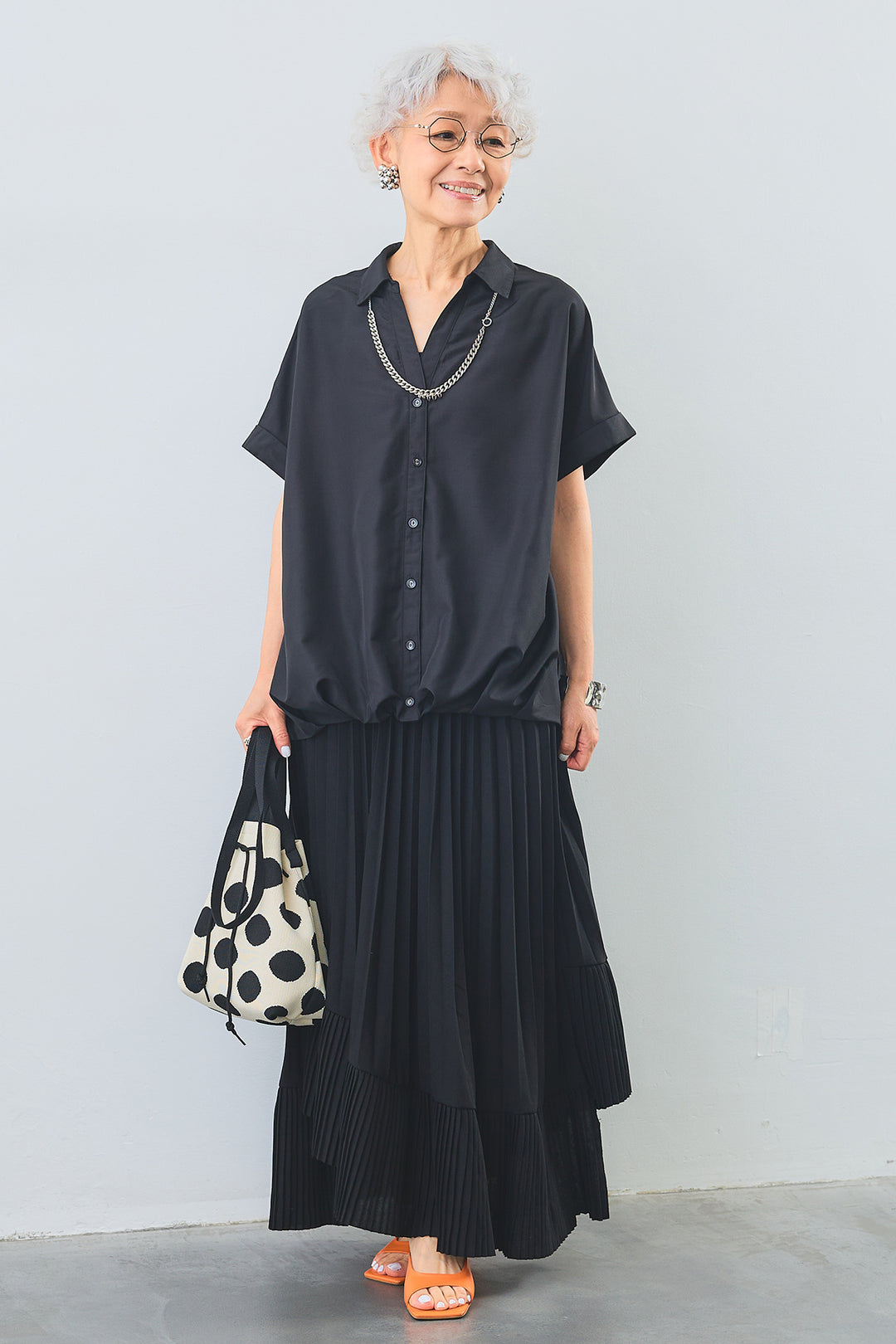 【SET】タックインデザインスキッパーシャツ+アシンメトリーラッフルプリーツスカート(2set)