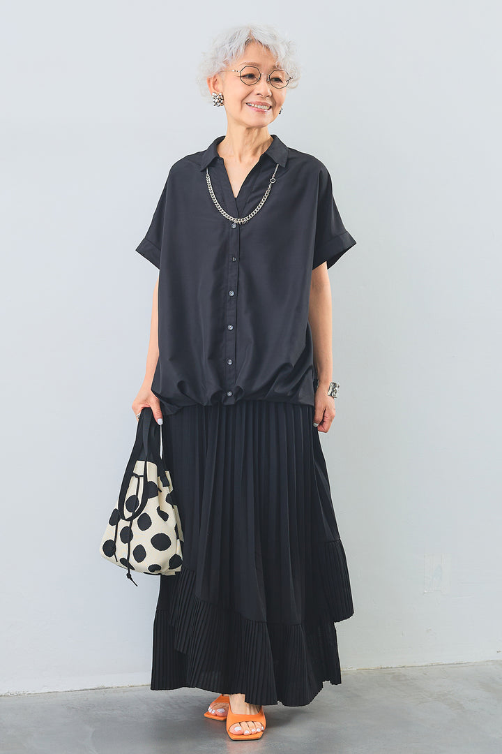 【SET】タックインデザインスキッパーシャツ+アシンメトリーラッフルプリーツスカート(2set)