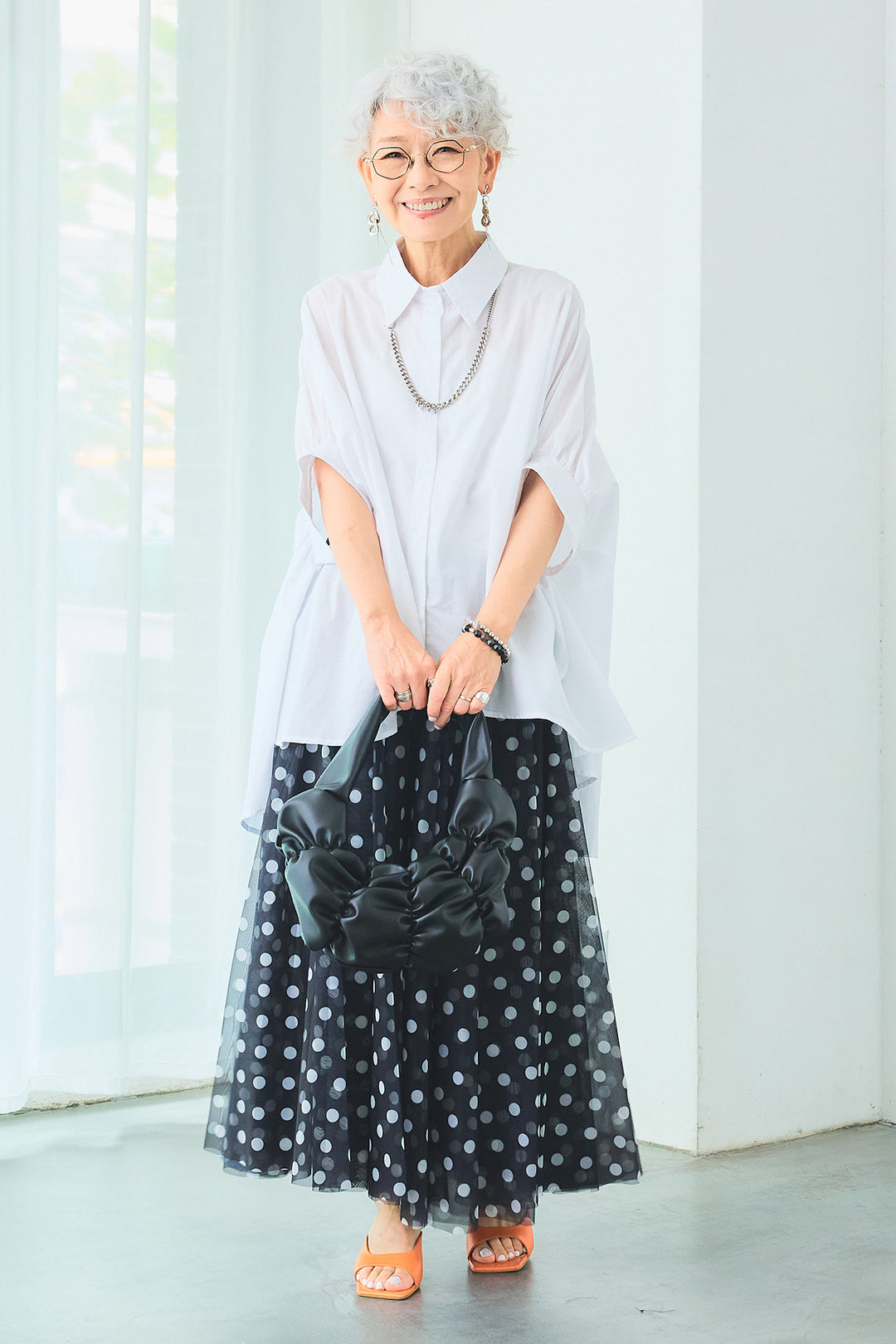 【SET】ドロップスリーブバックロングオーバーシャツ+ドットチュールフレアスカート(2set)