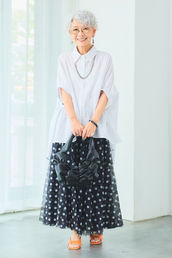 【SET】ドロップスリーブバックロングオーバーシャツ+ドットチュールフレアスカート(2set)