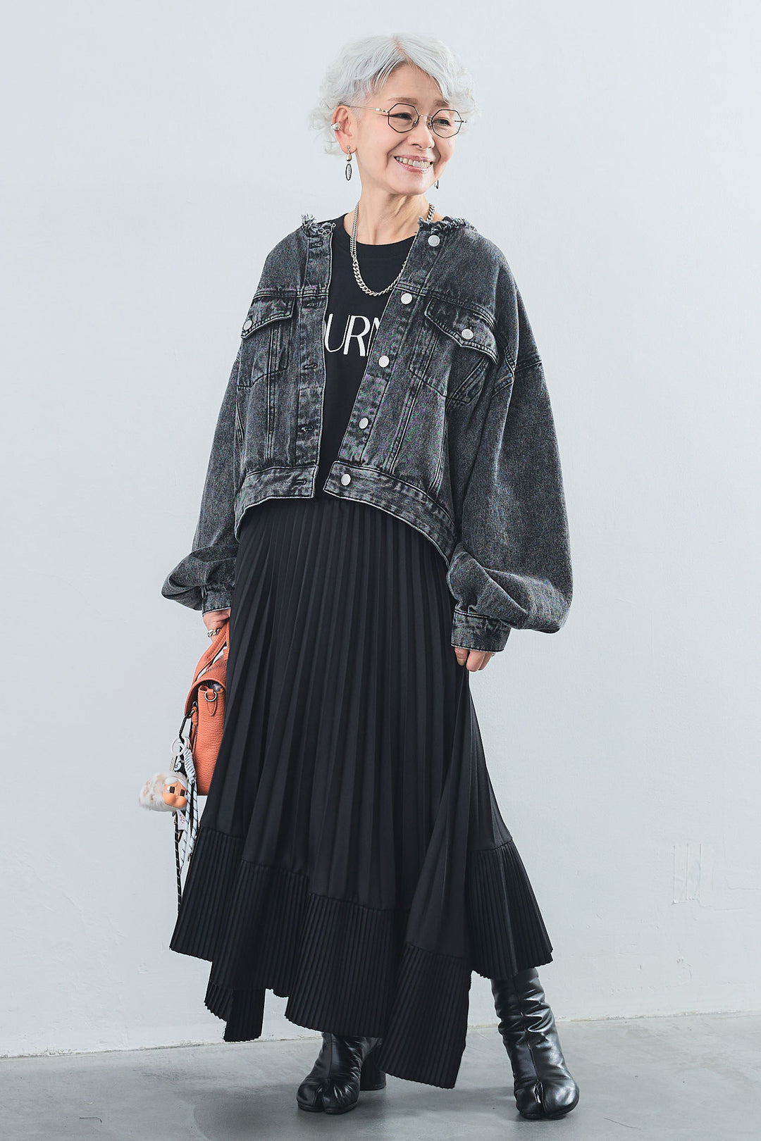 【SET】"JOURNÉE"フロッキーロゴフレンチスリーブT+ボリュームスリーブノーカラーデニムジャケット+アシンメトリープリーツスカート(3set)