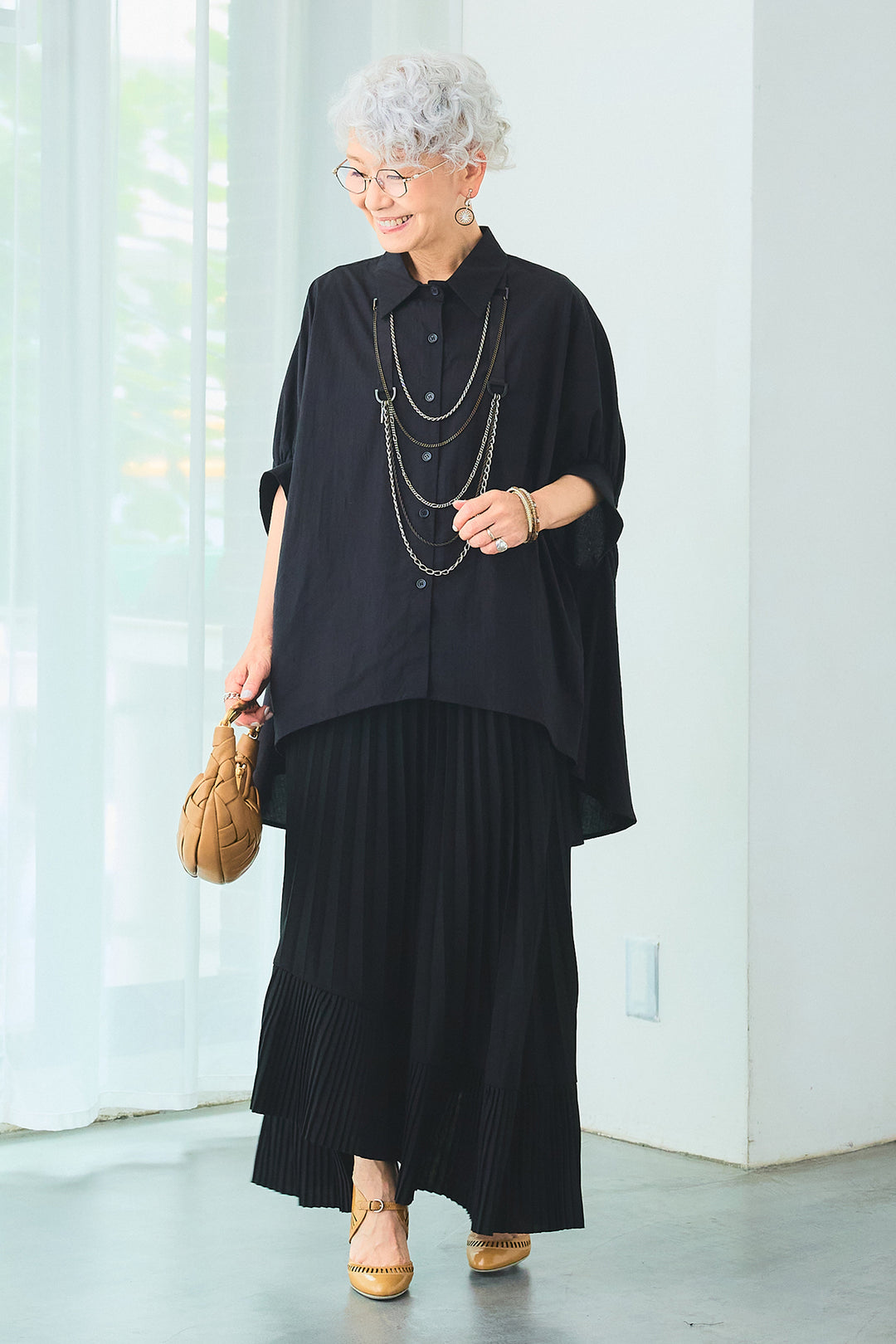 【SET】ドロップスリーブバックロングオーバーシャツ+アシンメトリーラッフルプリーツスカート(2set)