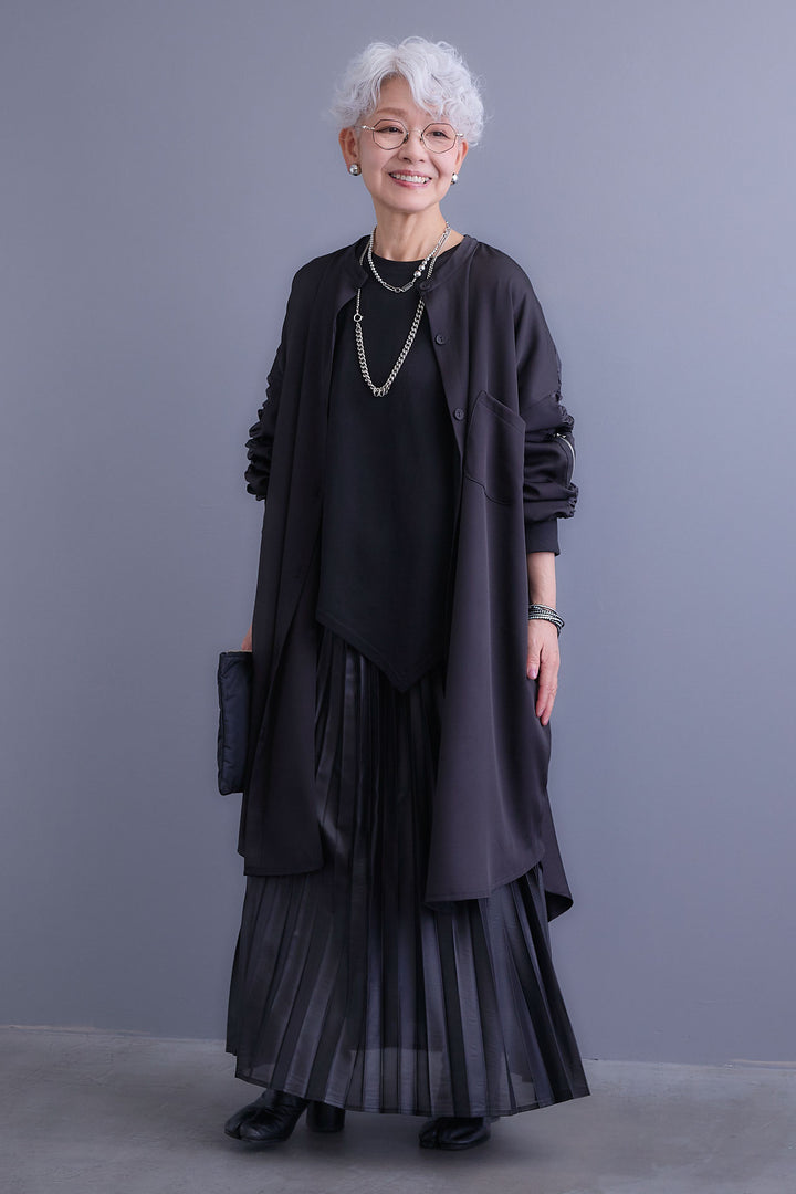 【SET】アシンメトリーロンT+MA-1ドッキングデザインロングシャツ+レザーライクプリーツスカート(3set)