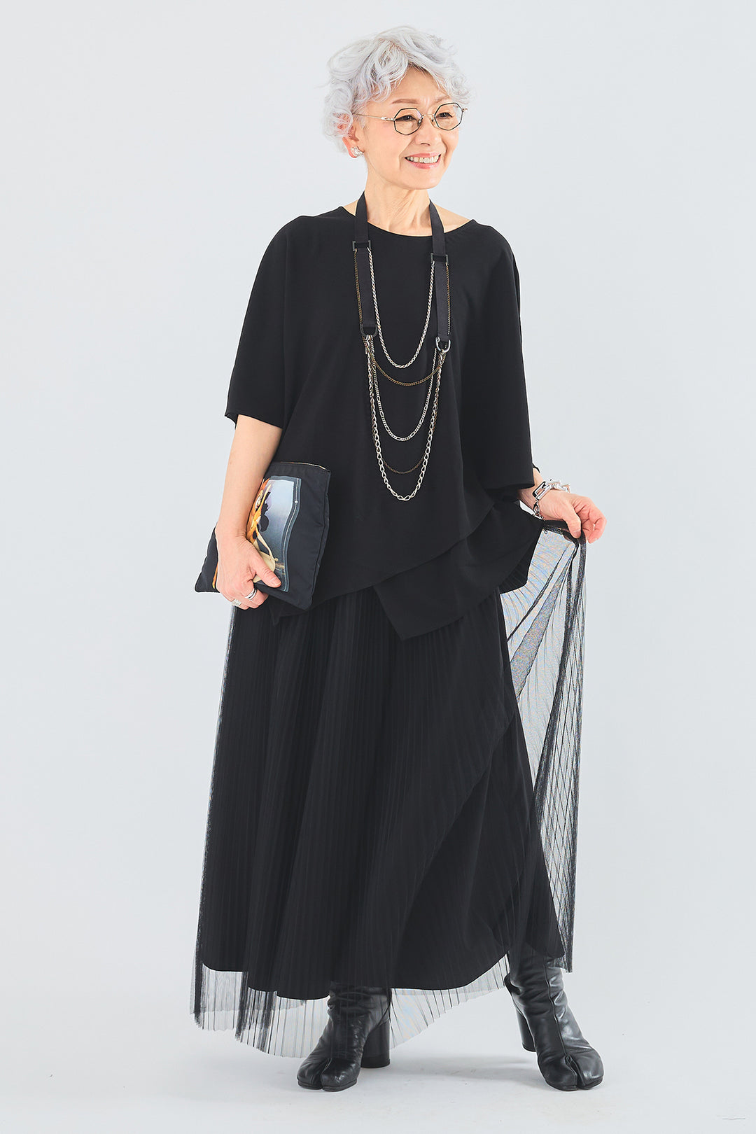 【SET】ジョーゼットシフォンケープアシンメトリーブラウス+シアーチュールプリーツスカート(2set)