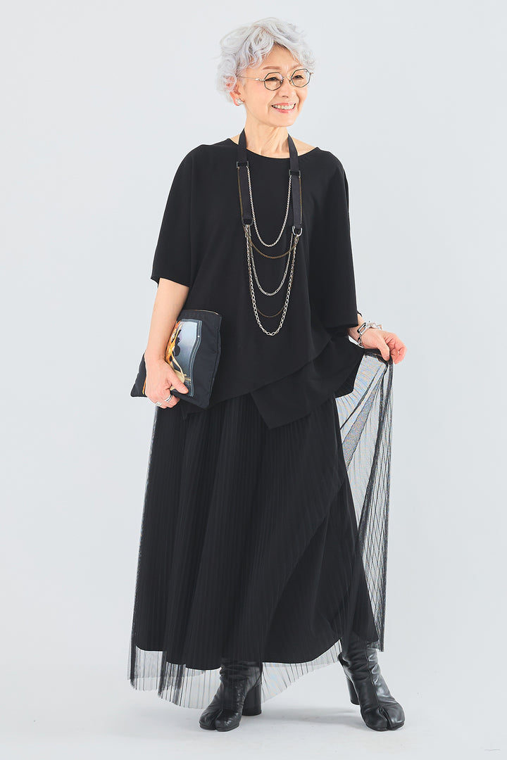 【SET】ジョーゼットシフォンケープアシンメトリーブラウス+シアーチュールプリーツスカート(2set)