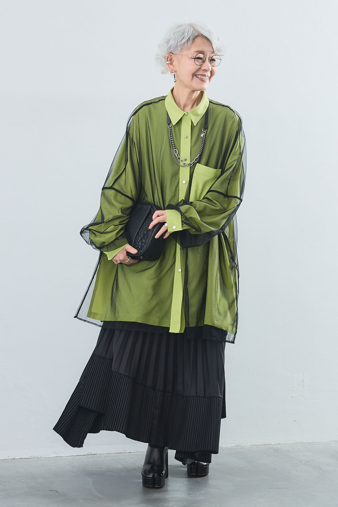 【SET】オーバーチュールレイヤードロングシャツ+アシンメトリープリーツスカート(2set)