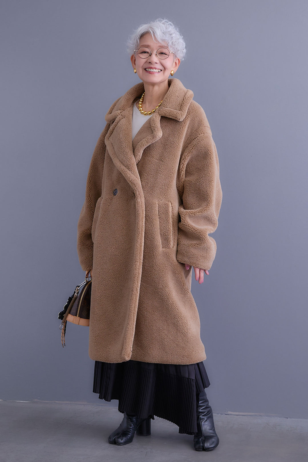 【SET】アシンメトリーロンT+テディボアロングコート+アシンメトリープリーツスカート(3set)