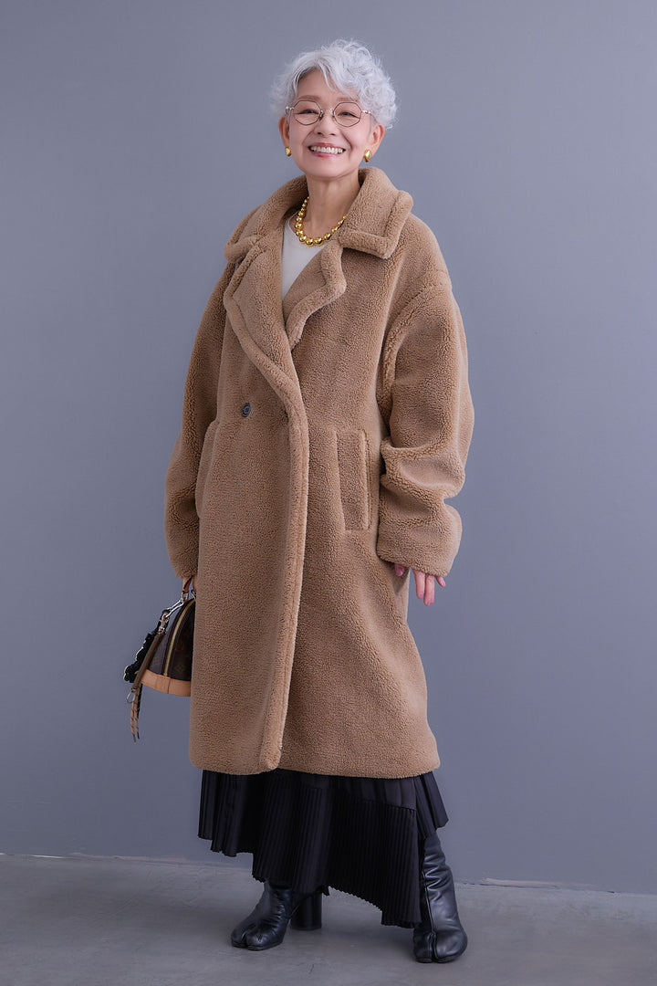 【SET】アシンメトリーロンT+テディボアロングコート+アシンメトリープリーツスカート(3set)