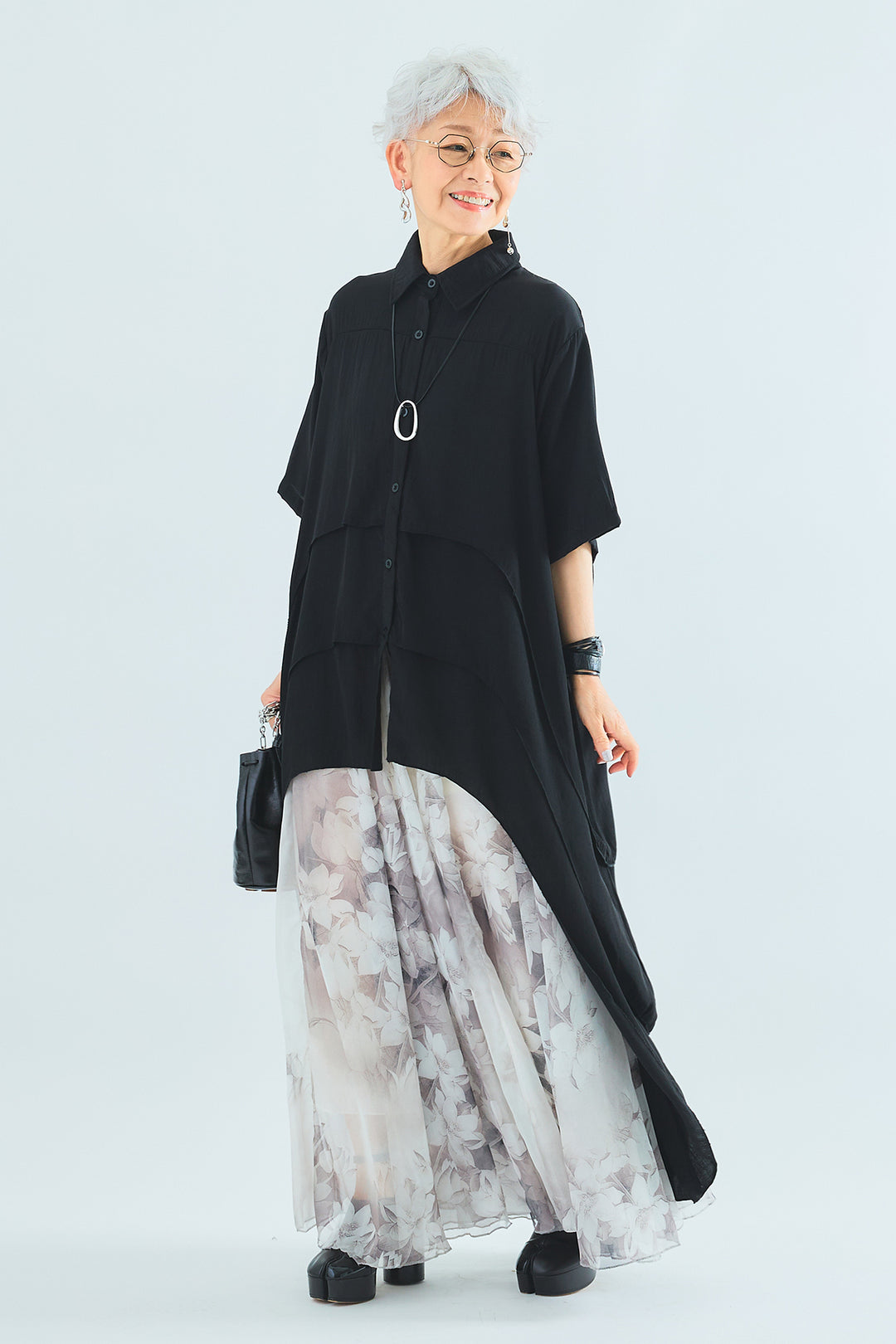 【SET】ティアードバックロングシャツ+ウォーターカラーシアーフラワースカート(2set)