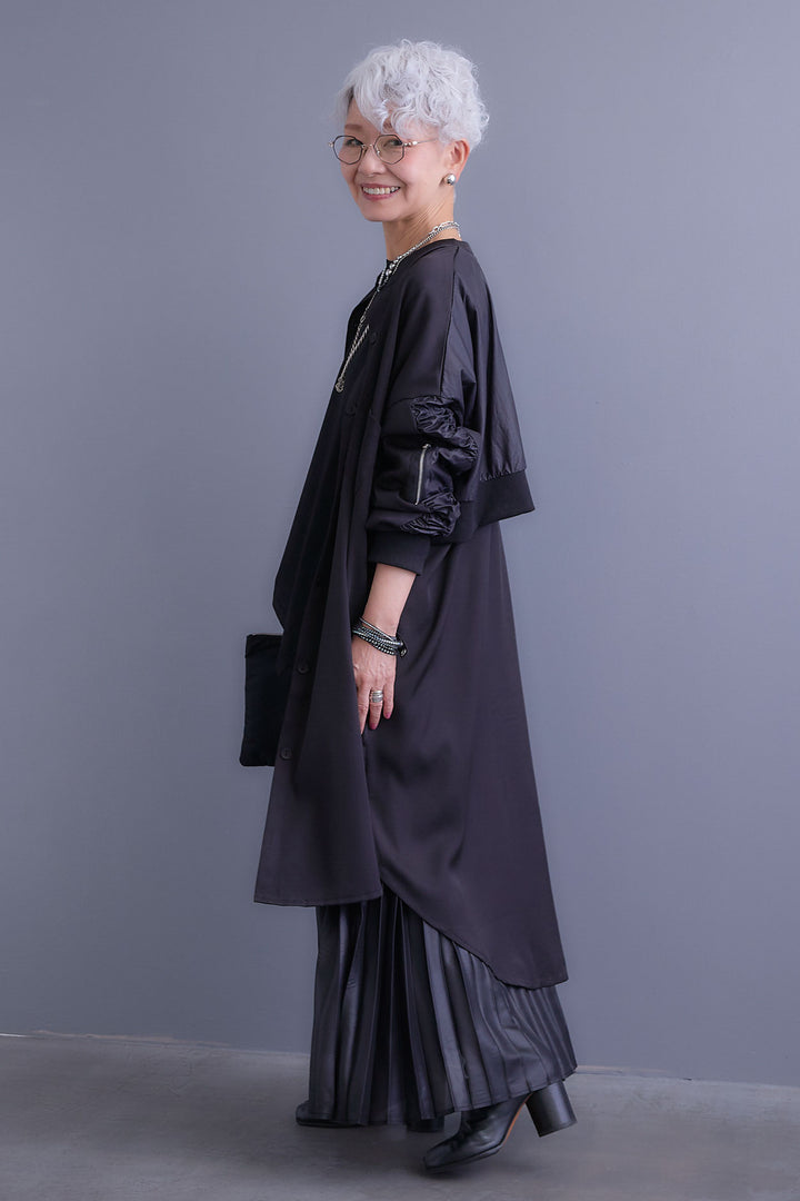 【SET】アシンメトリーロンT+MA-1ドッキングデザインロングシャツ+レザーライクプリーツスカート(3set)