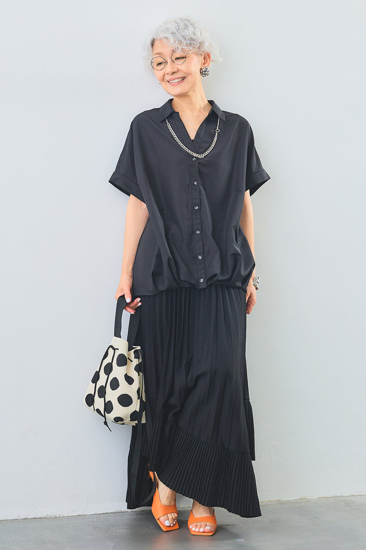 【SET】タックインデザインスキッパーシャツ+アシンメトリーラッフルプリーツスカート(2set)