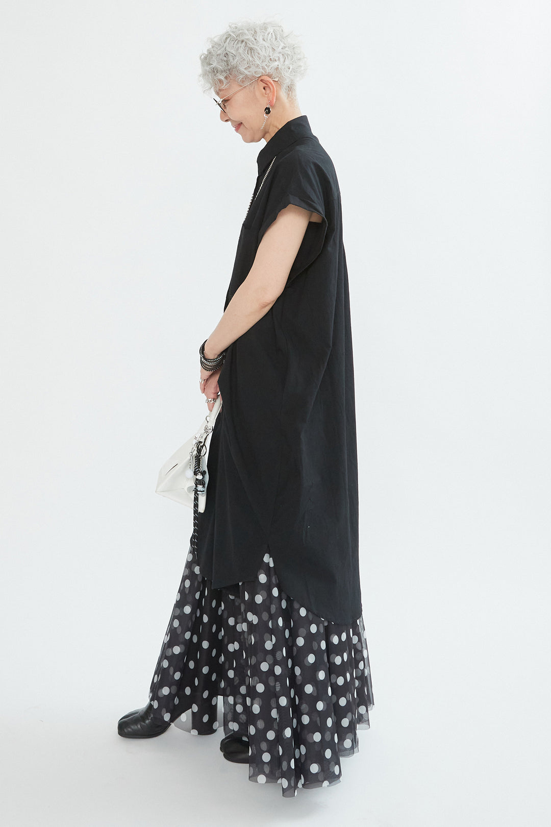 【SET】タックアシンメトリーロングシャツ+ドットチュールフレアスカート(2set)