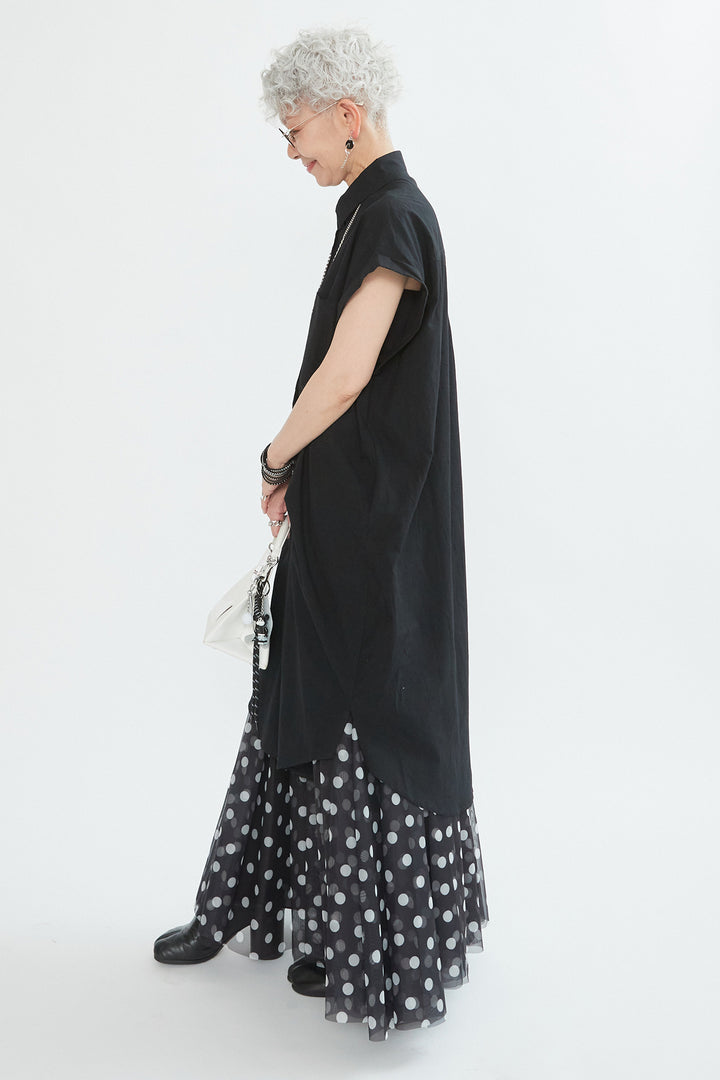 【SET】タックアシンメトリーロングシャツ+ドットチュールフレアスカート(2set)