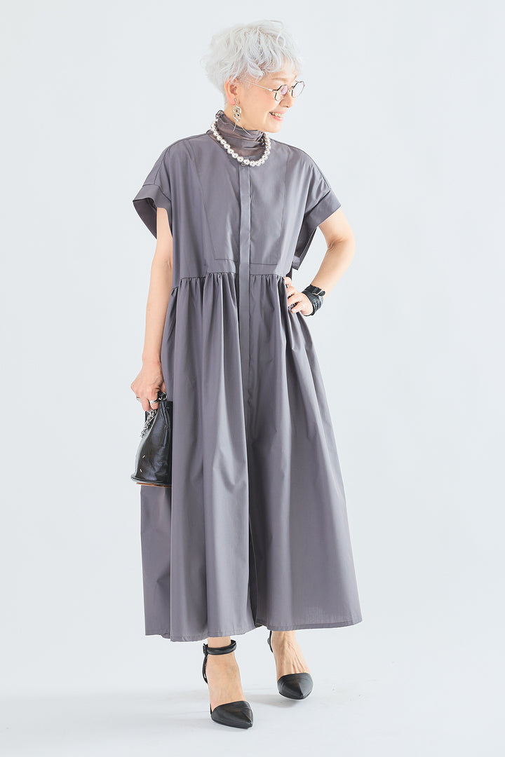 【SET】シアーハイネックノースリトップス+オーバーフレンチスリーブギャザーシャツワンピース(2set)