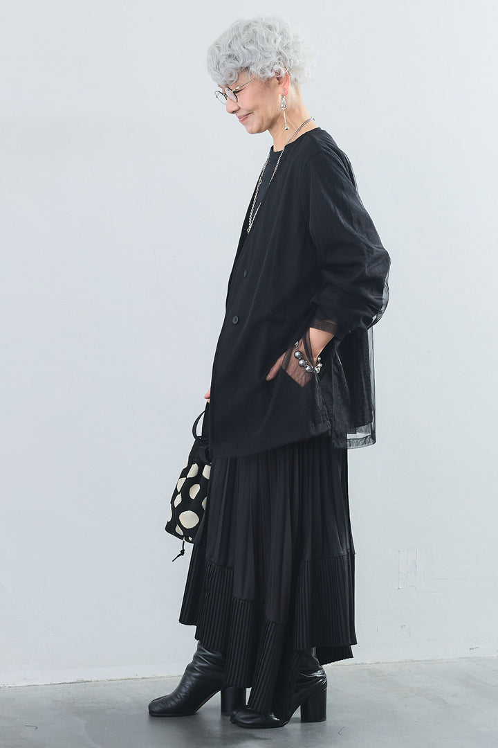 【SET】アシンメトリーロンT+チュールレイヤードノーカラージャケット+アシンメトリープリーツスカート(3set)