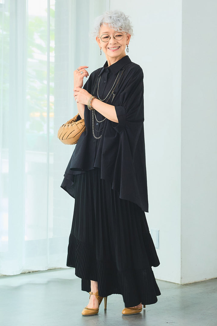 【SET】ドロップスリーブバックロングオーバーシャツ+アシンメトリーラッフルプリーツスカート(2set)