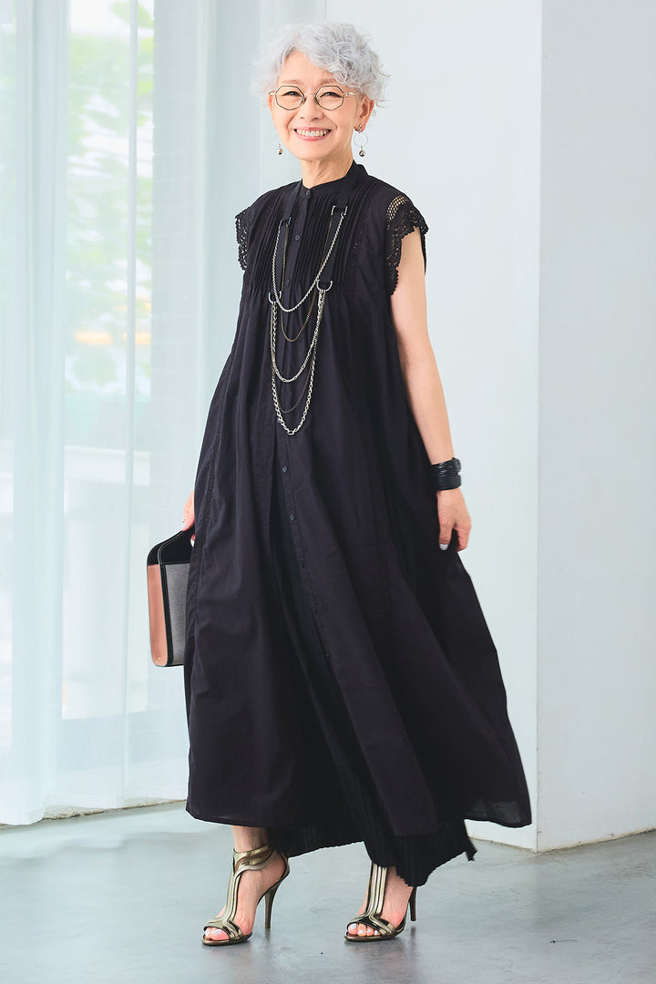 【SET】ショルダーレースピンタックシャツワンピース+アシンメトリーラッフルプリーツスカート(2set)