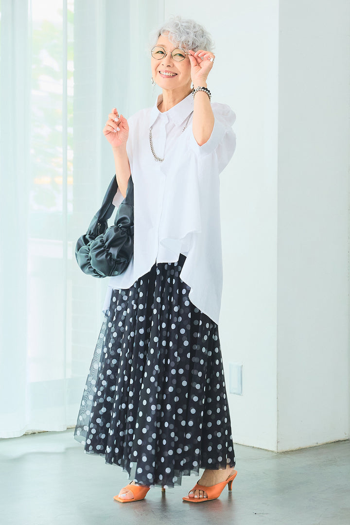【SET】ドロップスリーブバックロングオーバーシャツ+ドットチュールフレアスカート(2set)