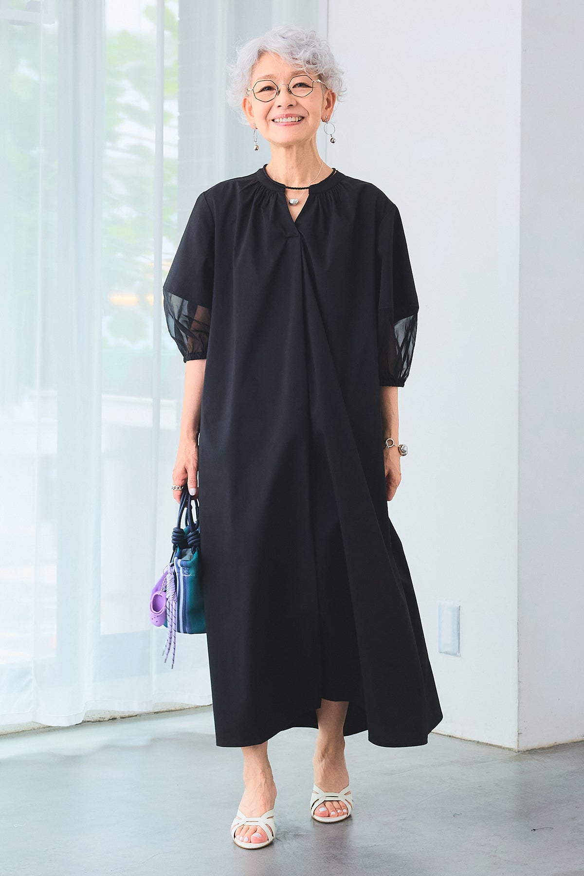 VIRINA ネイビー シアーランタンスリーブ ワンピース ヴィリーナ VIRINA シアランタンスリーブワンピース （ネイビー