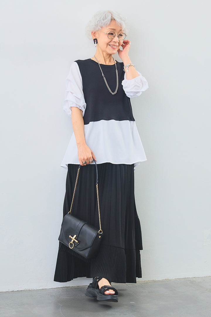 【SET】タックスリーブベストドッキングトップス+アシンメトリーラッフルプリーツスカート(2set)